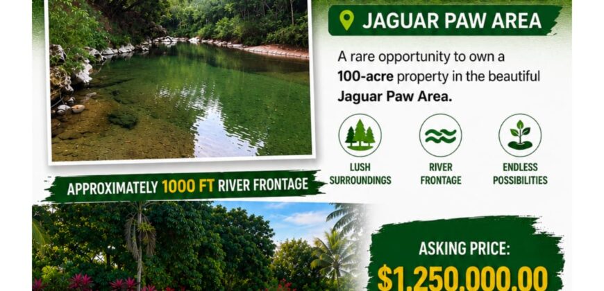 FOR SALE – 100 ACRES – PRIME LAND IN JAGUAR PAW, BELIZE